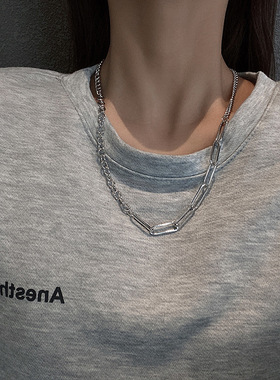 简约回形针项链ins冷淡风链条别针锁骨个性嘻哈网红男女钛钢颈链