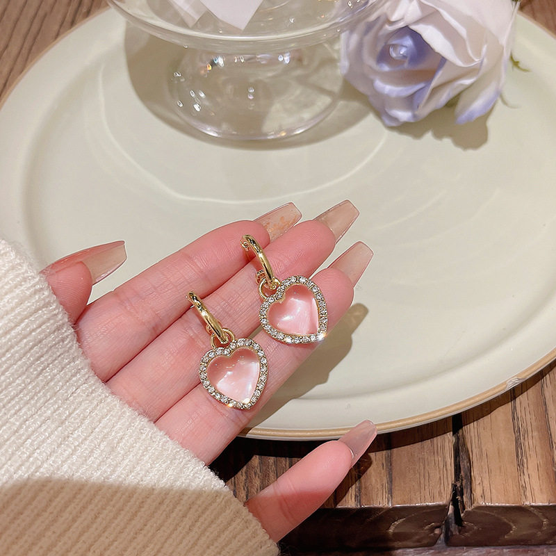 925银针高级设计感透明水晶爱心耳环女ins潮精致镶钻耳钉网红耳饰