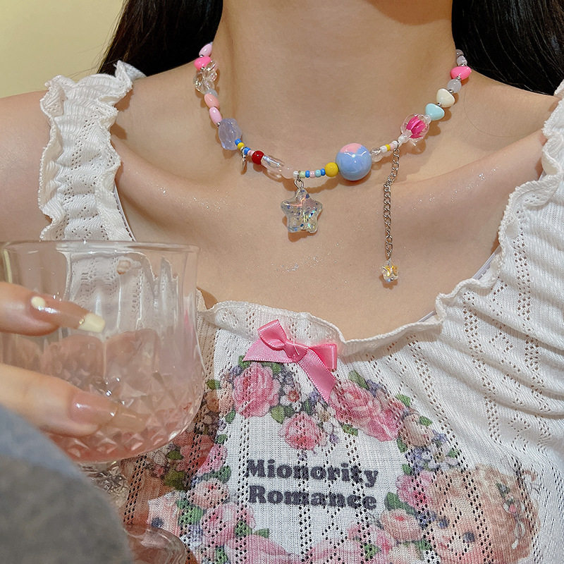 甜酷彩色多巴胺项链女糖果色星星长款流苏拼接锁骨链少女可爱颈链