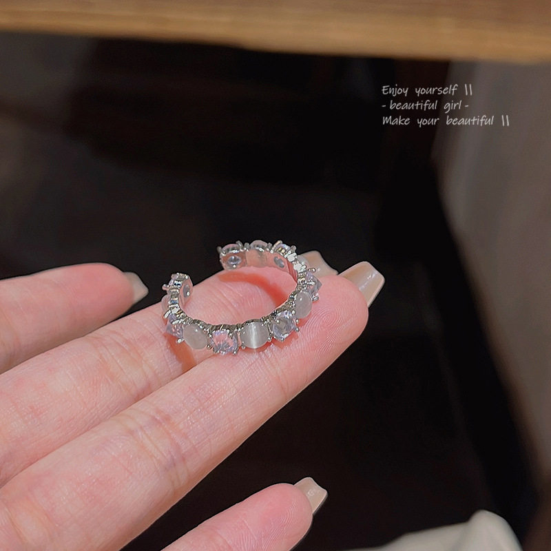 轻奢小众高级设计感猫眼石戒指女开口可调节水晶锆石食指戒指环
