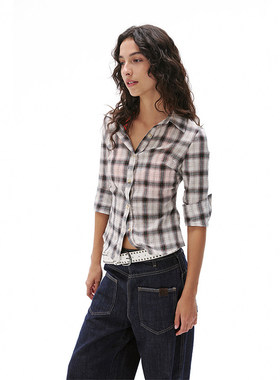 SHALL NOT UNTRUE 覆古格子短袖衬衫女短款裁剪修身显瘦收腰上衣