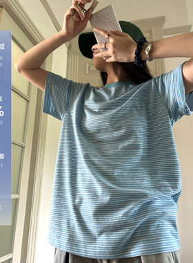 POXFFEE/蓝色条纹手绘刺绣短袖T恤女夏2025新款设计感打底衫上衣