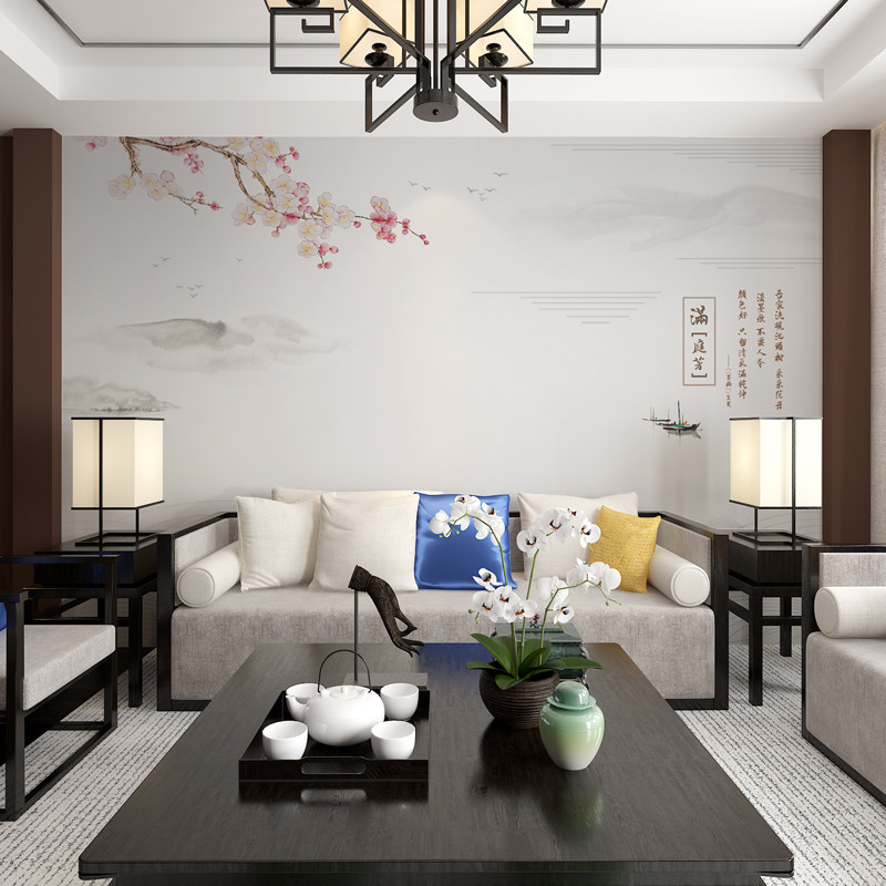 新中式墙布电视背k景墙壁纸卧室客厅山水花鸟无缝装饰墙纸壁画沙