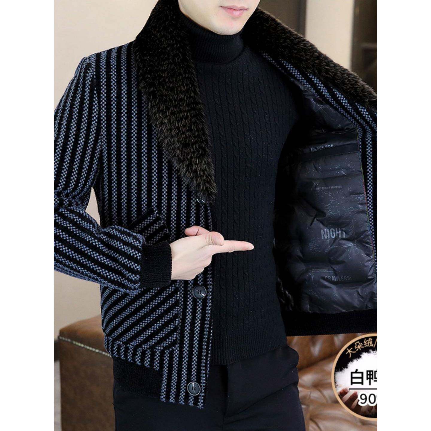 金貂绒毛呢外套男冬季修身翻领条纹休闲羽绒内胆潮牌短款男士夹克