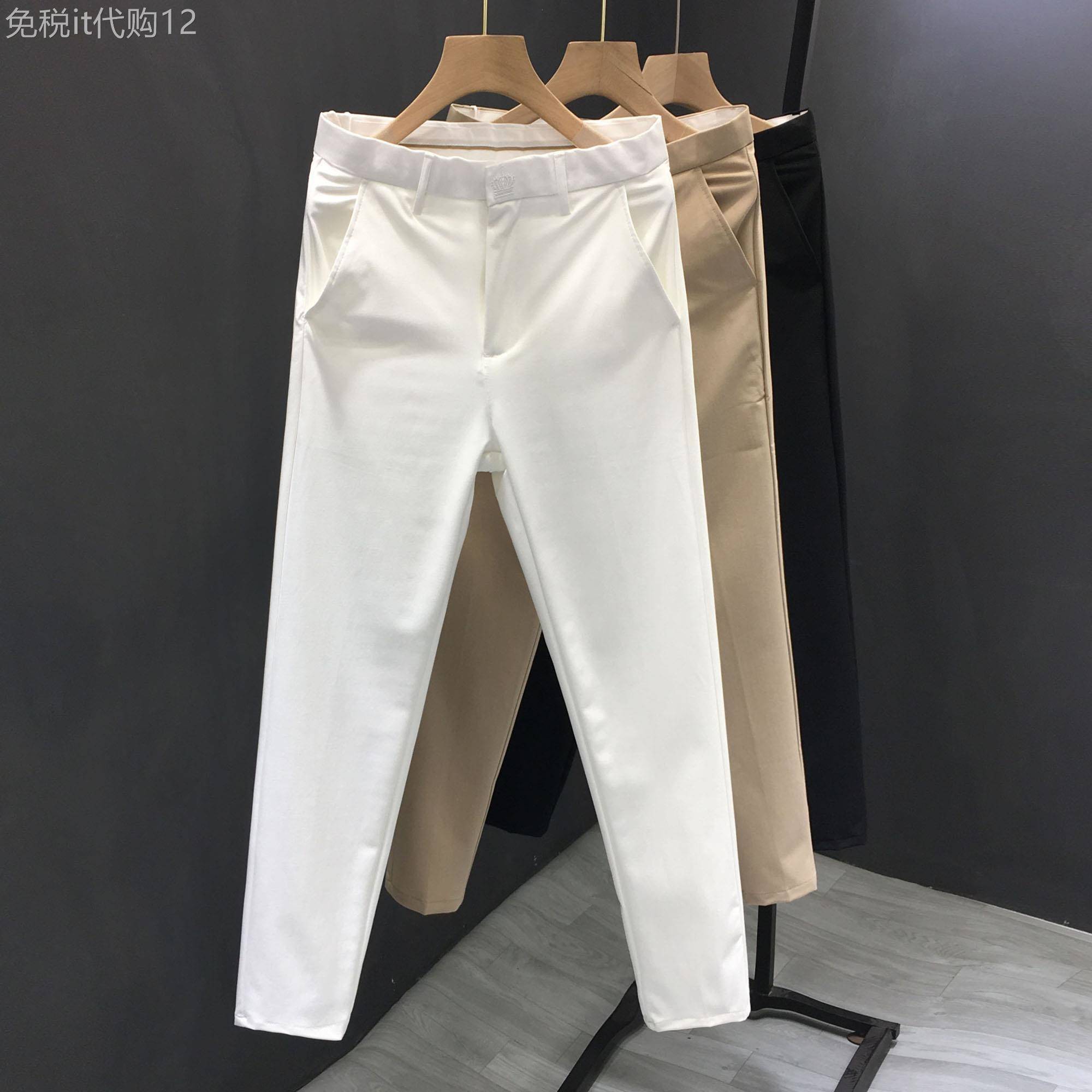 潮牌白色西裤男夏季薄款休闲 裤百搭弹力修身直筒九分裤商务西装