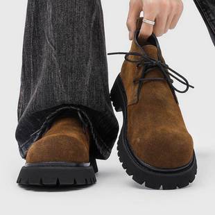 潮牌马丁靴男款反绒皮英伦风大头工装靴厚底增高复古休闲低帮短靴