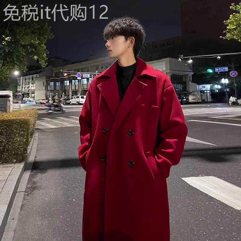高端红色中长版毛呢大衣外套男士冬季2025年新款加厚保暖风衣男款