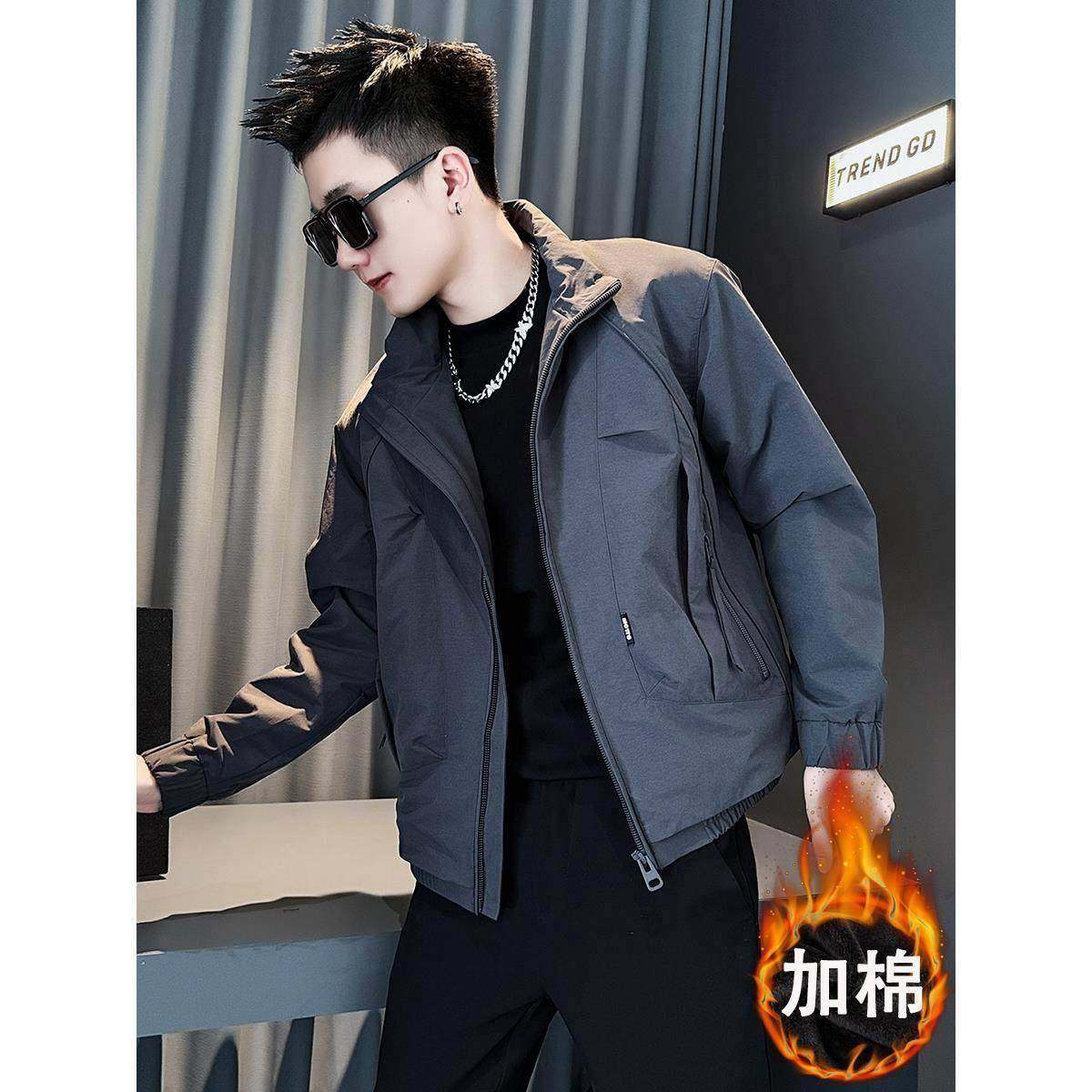 潮牌高级感加棉加厚修身立领夹克男2025新款冬季痞帅休闲保暖外套