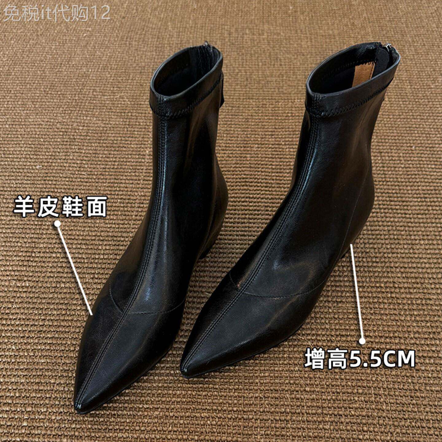 香港真皮短靴女2026新款秋冬季增高尖头瘦瘦靴后拉链坡跟小踝靴子