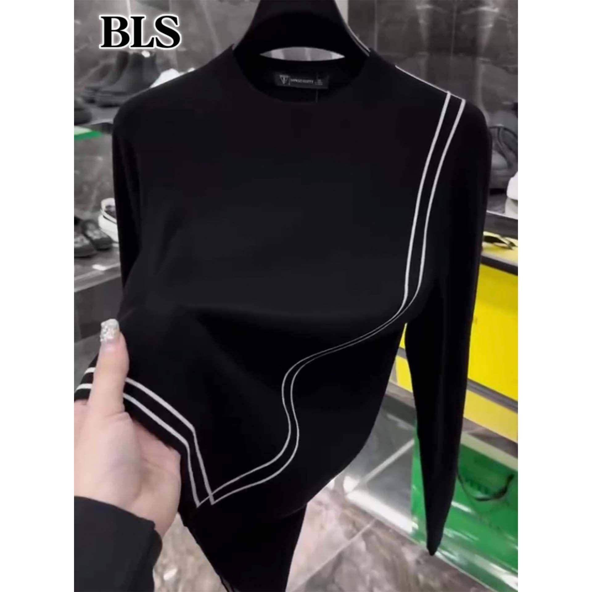 高端黑色圆领针织衫男士春秋季2025新款弹力修身撞色条纹男款上衣