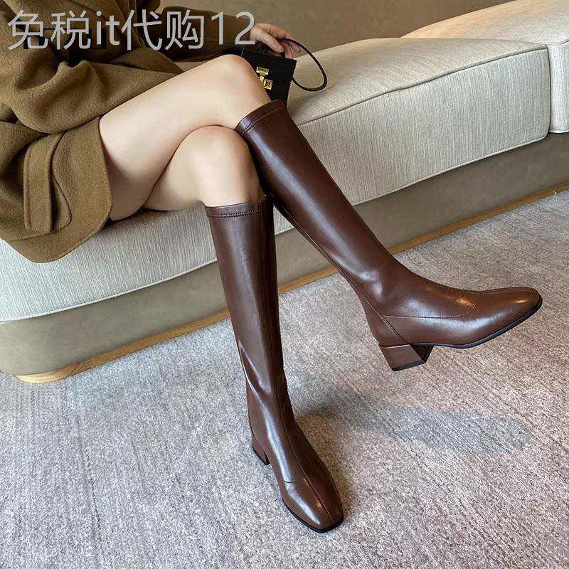真皮棕色长筒靴女春秋2026新款加绒中筒弹力靴显瘦长靴高筒骑士靴