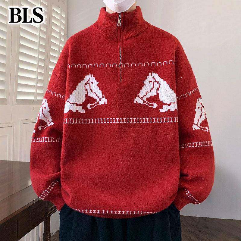 高端马年红色高领毛衣男士冬季2025新款加绒保暖半拉链男款针织衫