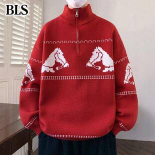 高端马年红色高领毛衣男士冬季2025新款加绒保暖半拉链男款针织衫