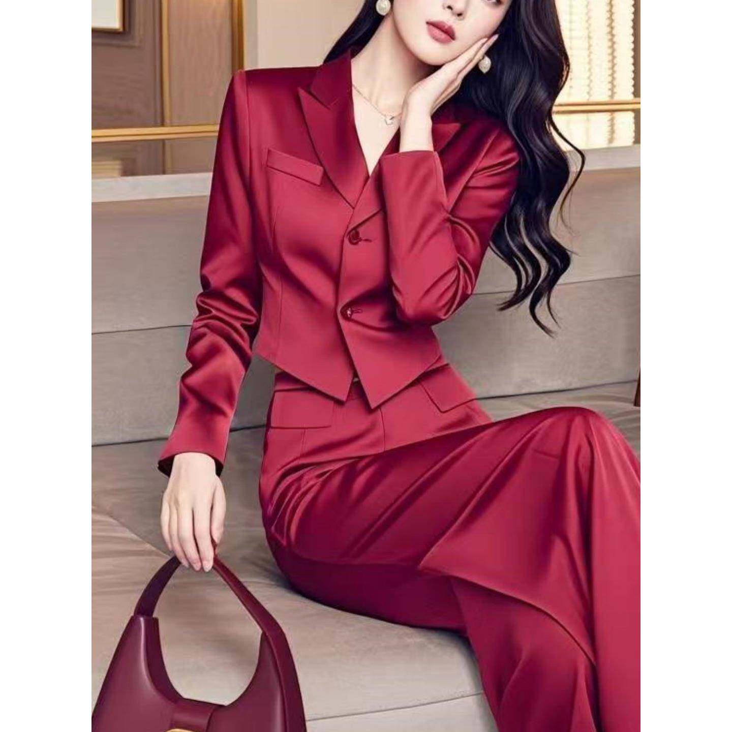 小香风时尚套装女春秋轻奢高级感气质红色职业西装外套裤子两件套