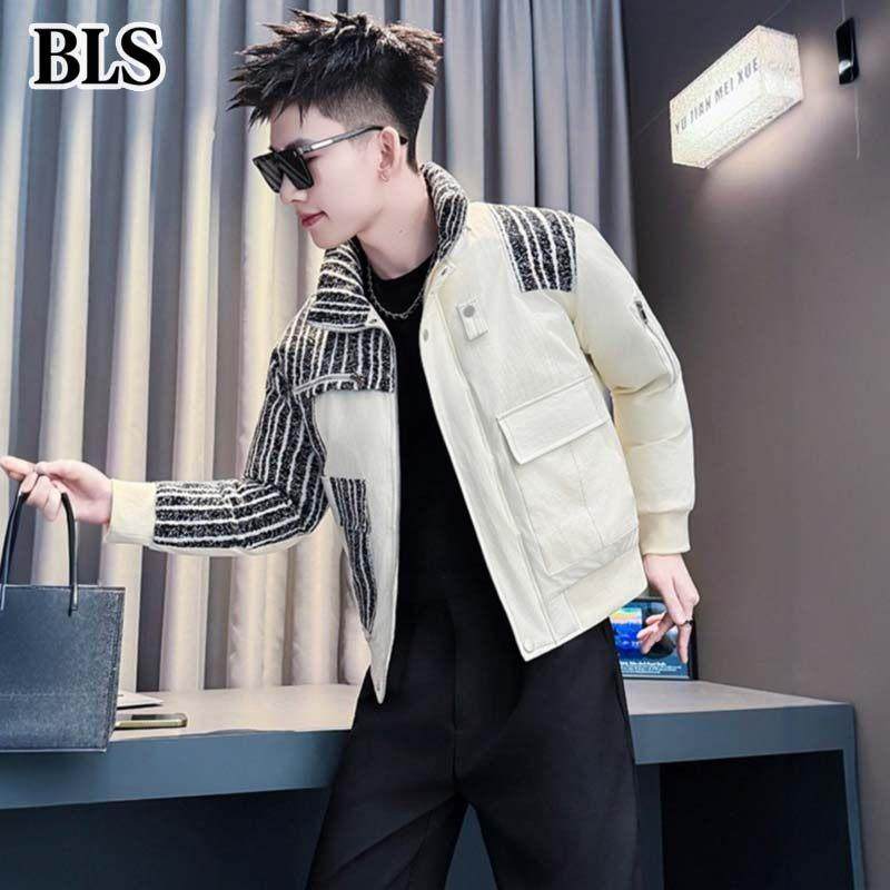 高端拼接条纹棉服外套男款冬季2025新款高级感保暖工装立领棉袄子