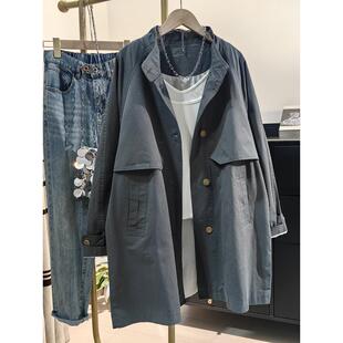 韩国灰色纯棉风衣外套女中长版2025春秋新款设计感单排扣立领上衣