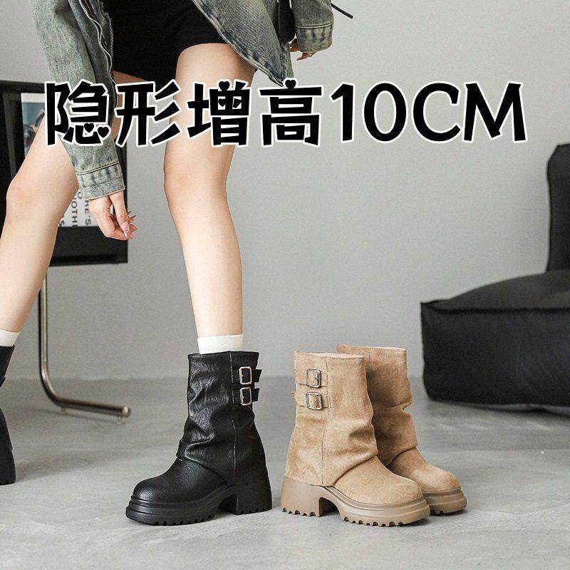 新款英伦风中筒内增高10cm马丁靴女2025秋冬复古厚底小个子短筒靴