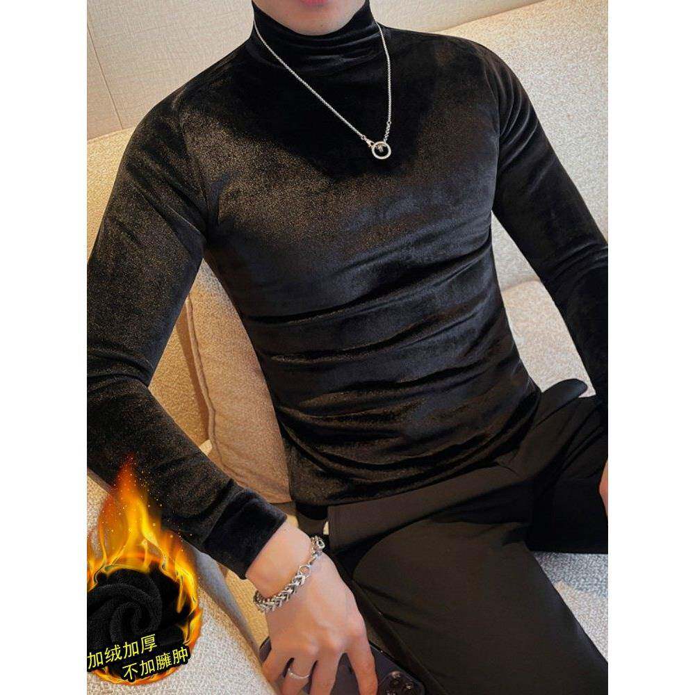 冬季款韩版修身男士半高领长袖T恤轻奢金丝绒加绒加厚中领打底衫