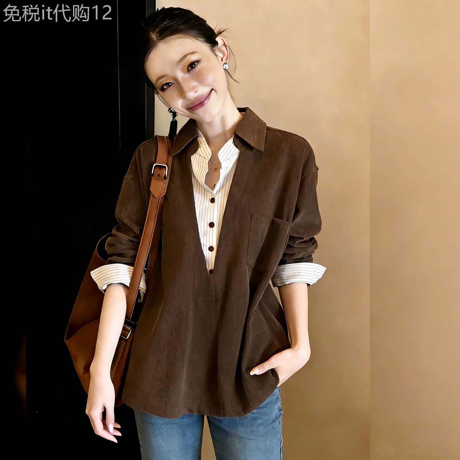 美拉德咖色假两件衬衫女长袖春秋2026新款高级感大码胖mm衬衣上衣