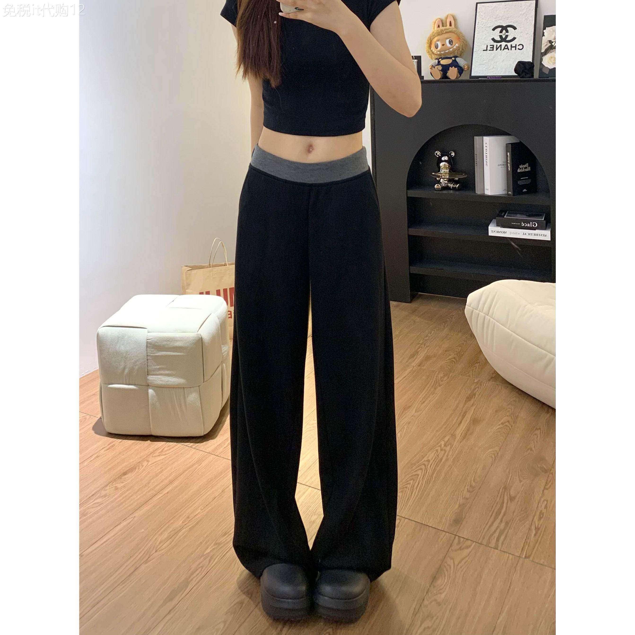 韩国新款黑色阔腿休闲裤秋冬加绒高腰遮胯显瘦直筒窄版运动卫裤子
