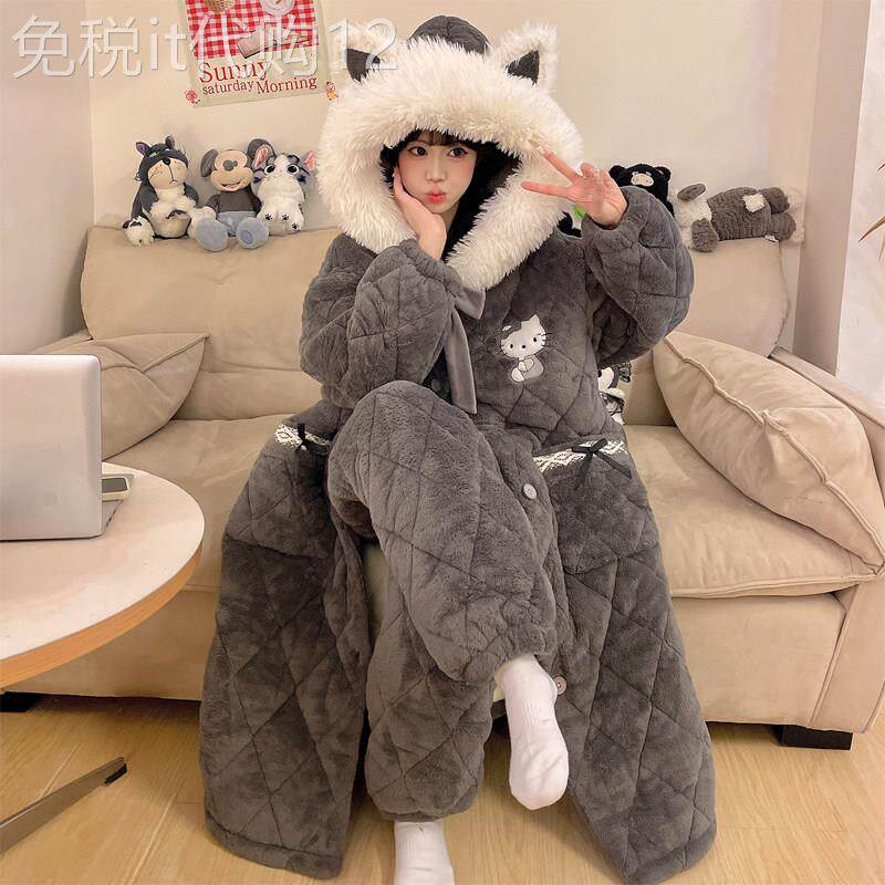 潮牌三层夹棉珊瑚绒睡衣女士2025秋冬新款睡袍加绒加厚套装家居服