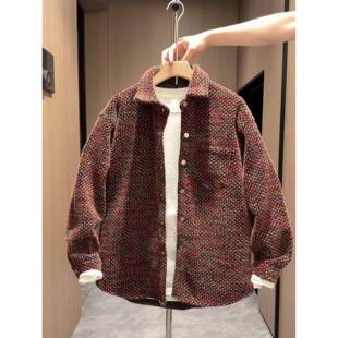 代购小香风翻领编织格子外套男士春季韩版宽松情侣休闲燕尾衬衫夹