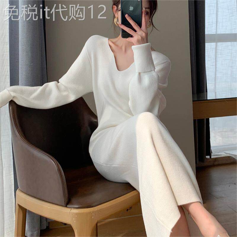 法式气质白色长版过膝毛衣裙女秋冬欧货V领打底长袖针织洋装子