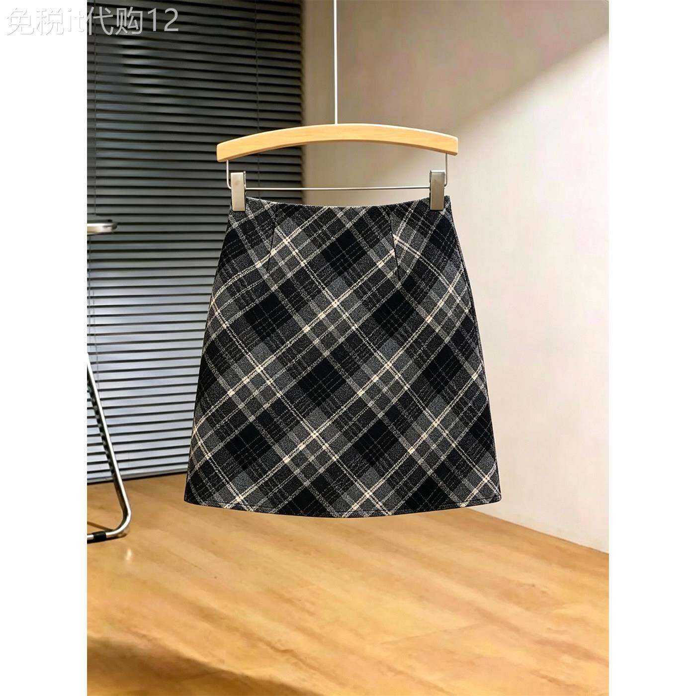 韩系格纹毛呢半身裙女春秋欧货高腰显瘦包臀裙气质百搭A字短裙子