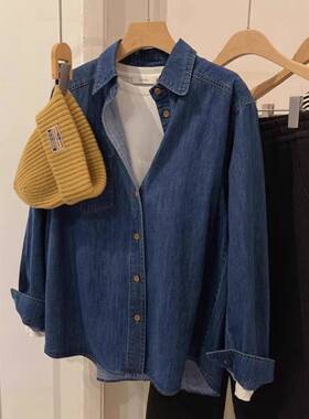 香港TIMO蓝色牛仔衬衫女春秋季设计感小众小个子内搭叠穿长袖衬衣