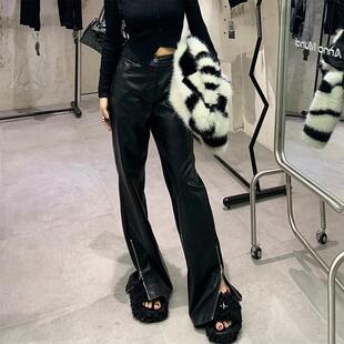 拖地阔腿长裤 女高腰显瘦直筒微喇叭覆古窄版 开叉皮裤 2025春秋新款