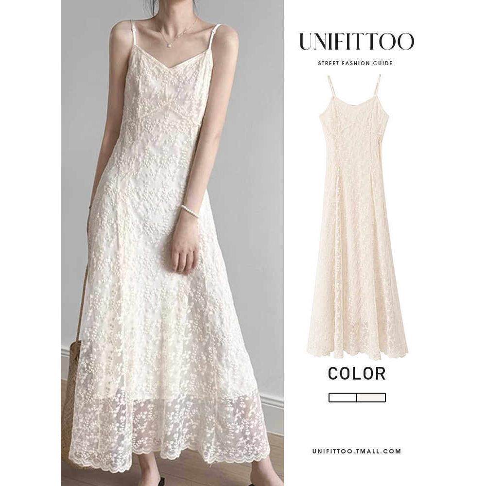法国白色蕾丝吊带连衣裙的妇女2025年夏季新海滨度假风格腰围修身