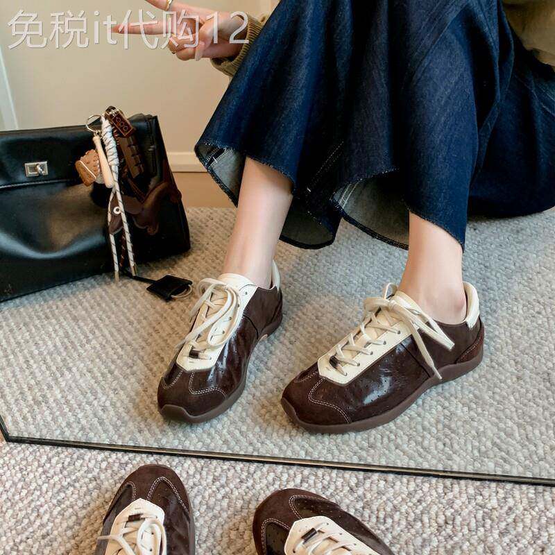 元气女！复古棕色德训鞋2025春季板鞋拼色系带真皮休闲运动阿甘鞋