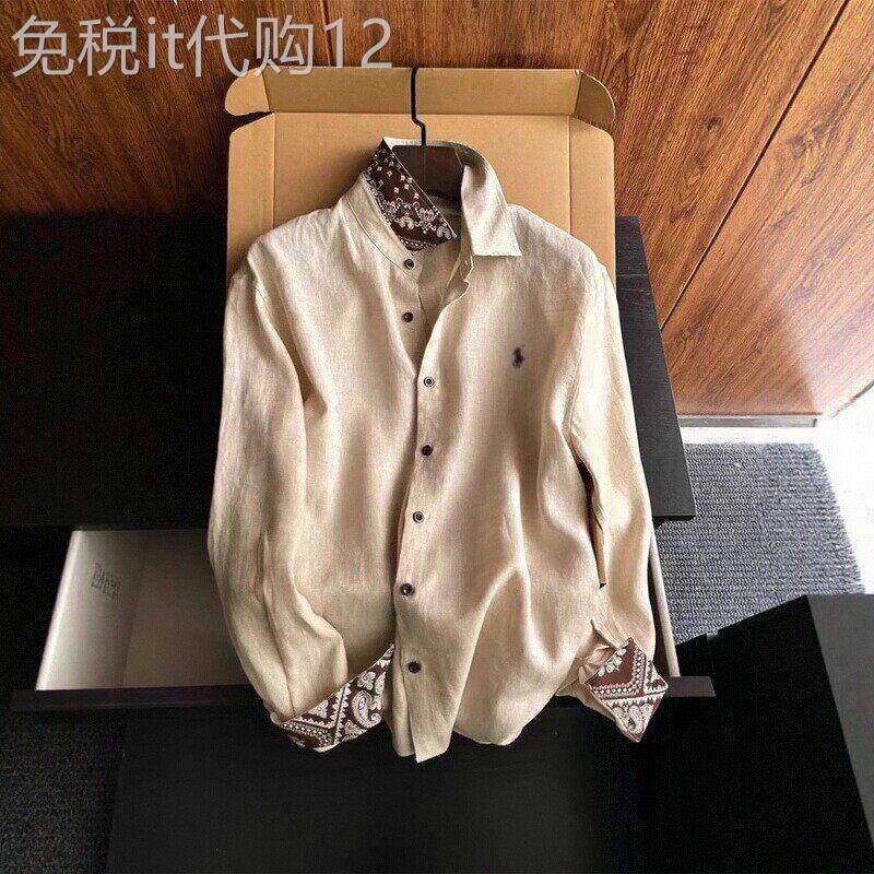 韩版潮流时尚百搭老钱风刺绣长袖衬衫男士轻薄松弛感休闲亚麻衬衫