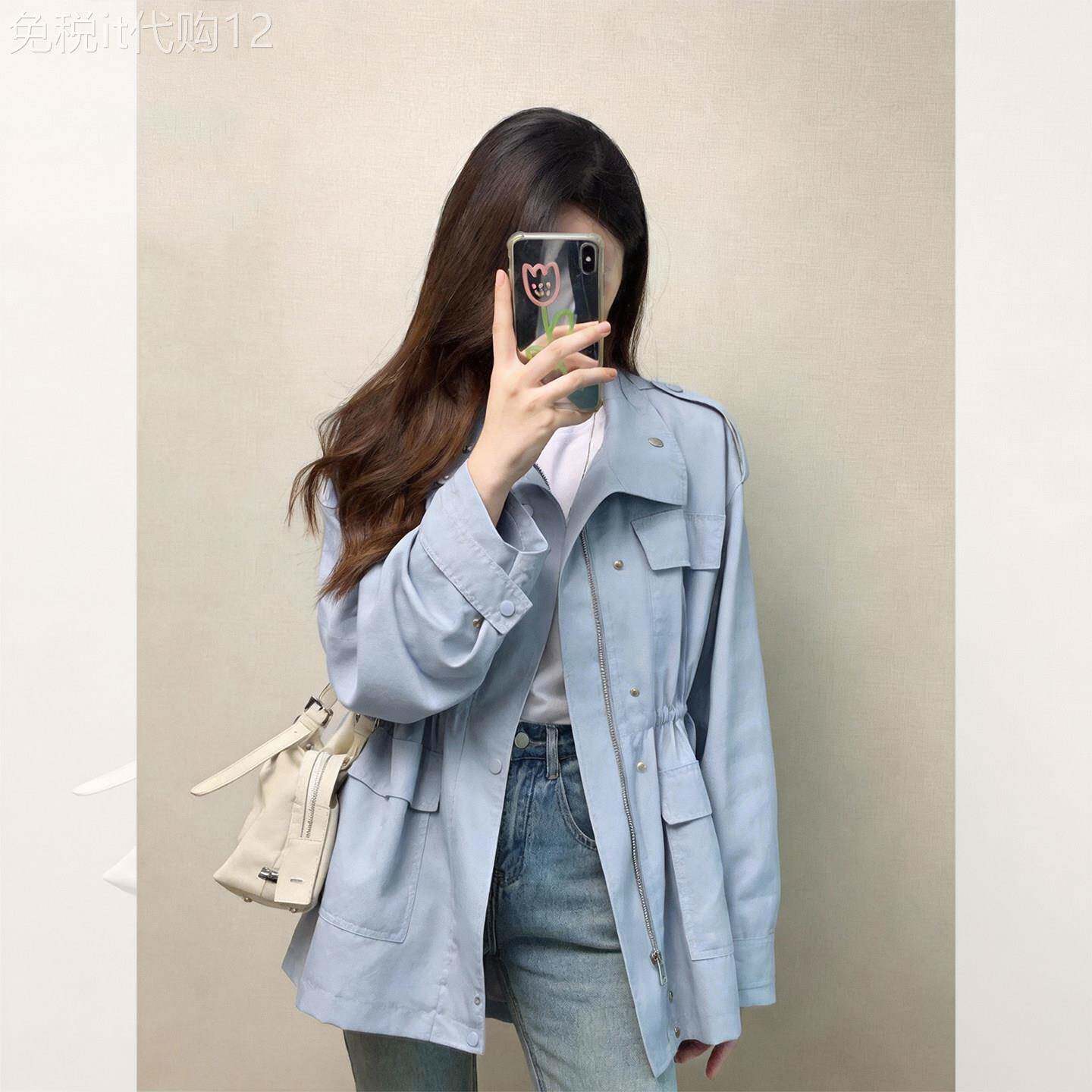 2026超火减龄蓝色中长款工装夹克小香风收腰正肩休闲外套女款秋季