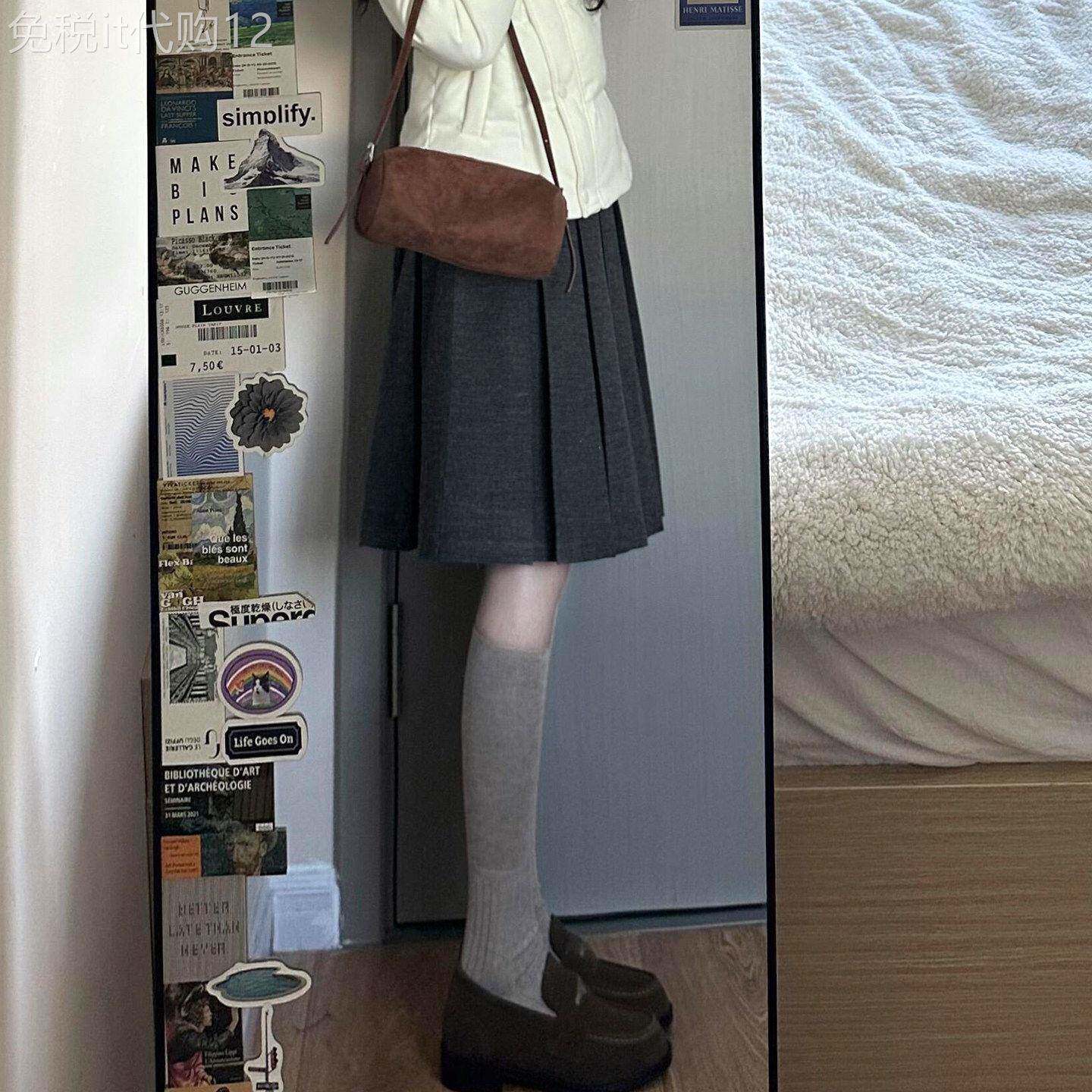 深灰色毛呢百褶半裙女秋冬季新款高腰韩版中裙通勤显瘦a字半身裙