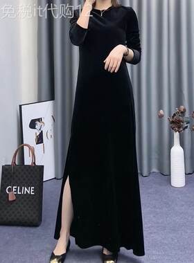 金丝绒连衣裙女秋款欧货高端复古女人味高腰赫本风开叉小黑裙长裙