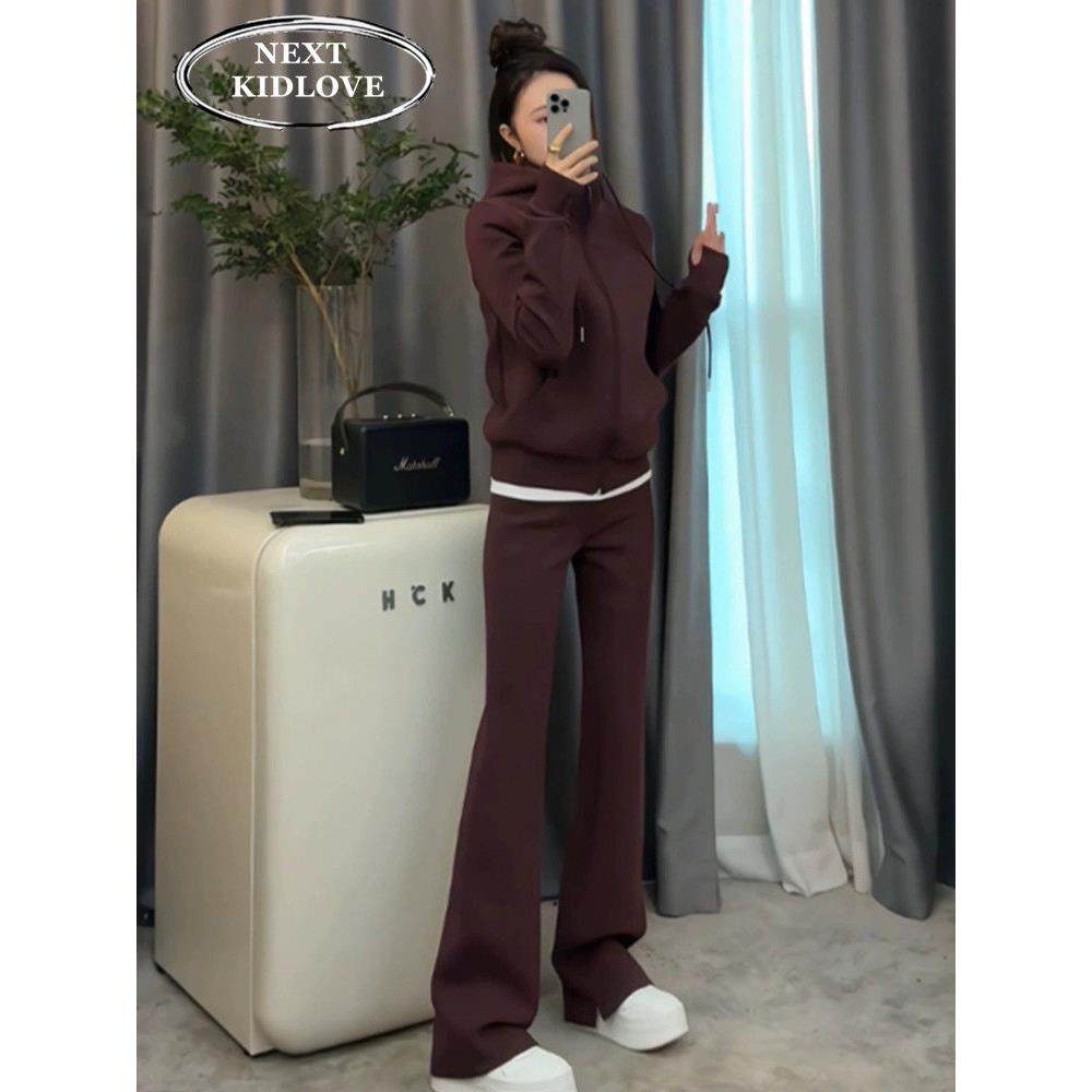 香港欧货春秋新款酒红色运动服套装女连帽卫衣外套阔腿裤两件套潮