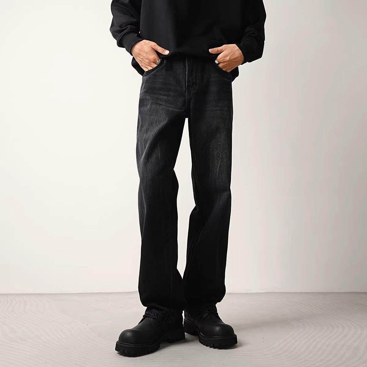 香港潮牌牛仔裤男秋冬新款美式高街vibe微喇直筒裤男士加绒阔腿裤