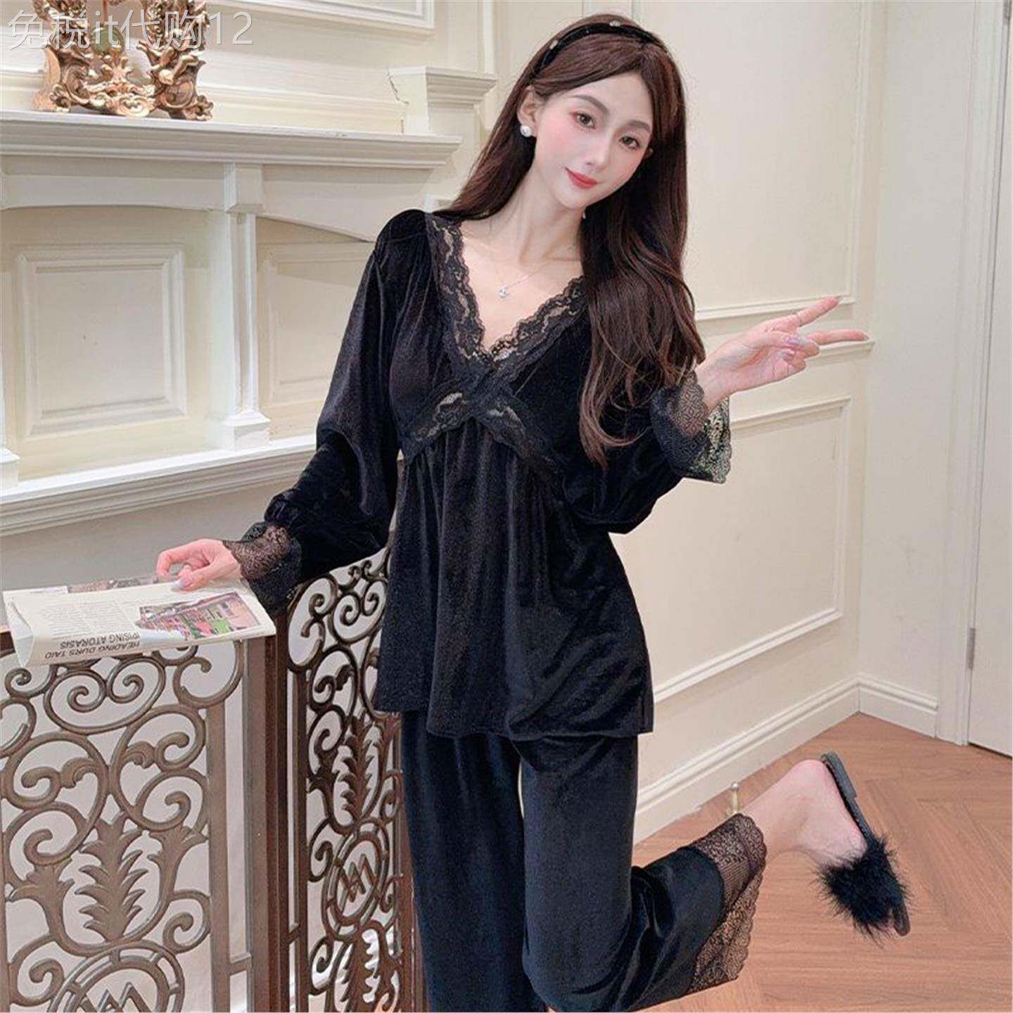 金丝绒睡衣女蕾丝V领秋季新款轻奢性感纯欲薄绒带胸垫家居服套装