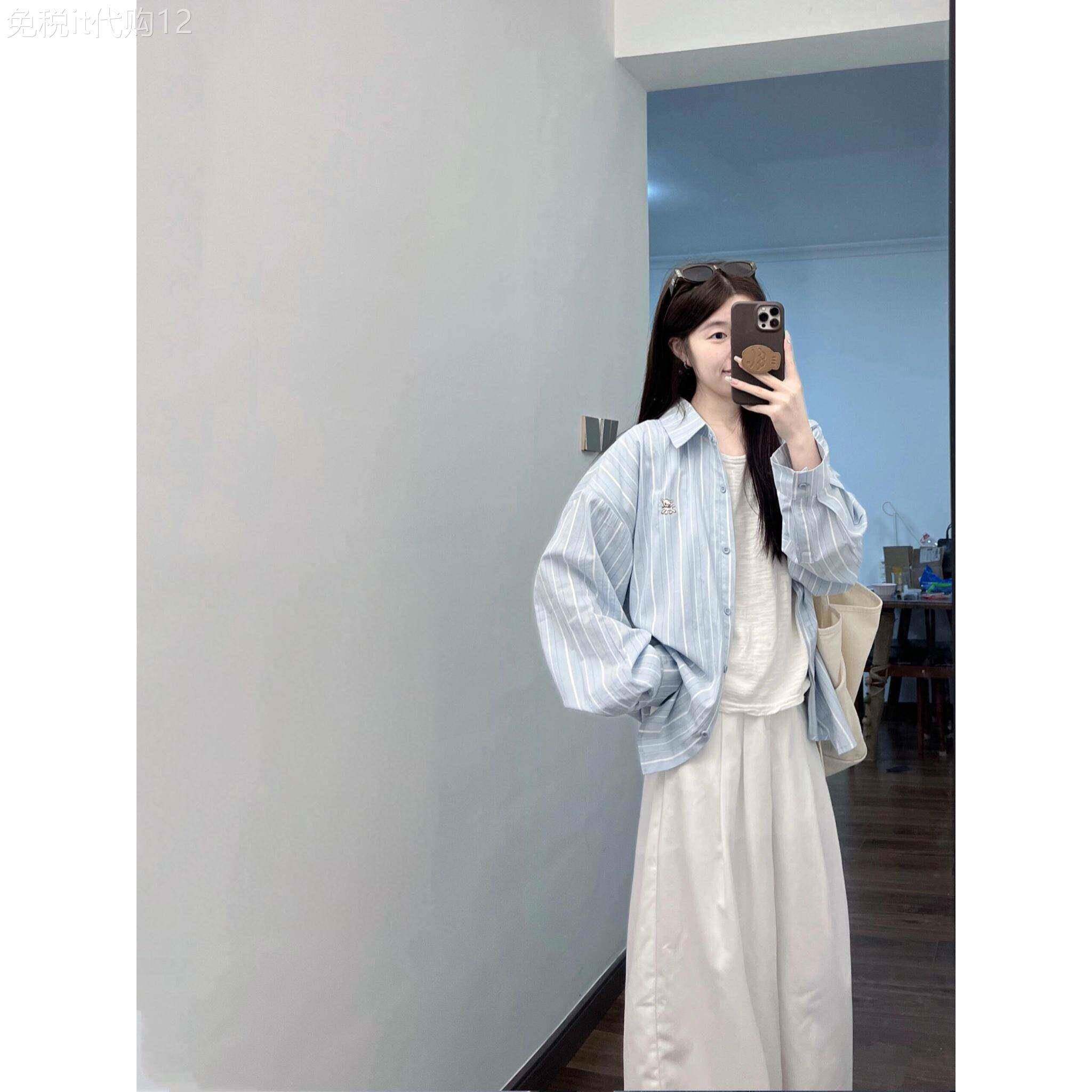 韩系休闲蓝条纹衬衫春秋长袖衬衫慵懒风防晒外套时尚百搭显瘦衬衣