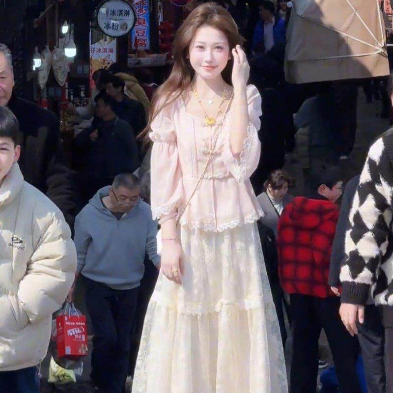 新中式国风套装女装春秋新款高级感盘扣上衣蕾丝半身裙汉服两件套