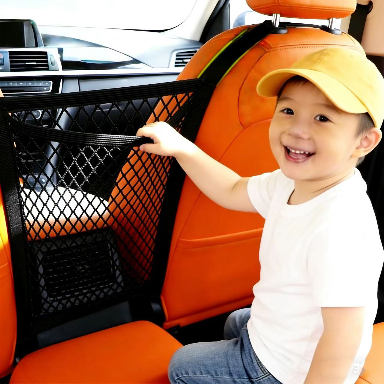 前后排小孩弹力网挡板多功能安全网汽车座椅间储物网兜隔离挡后座