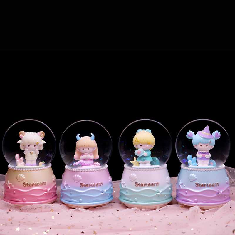 新款直销十二星座水晶球音乐盒摩羯水瓶座飘雪旋转八音盒桌面树脂