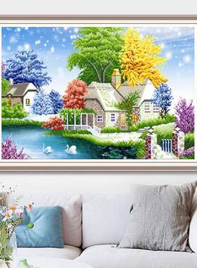 新款直销小清新梦幻风景小屋钻石画 客厅卧室温馨小幅贴钻挂画 跨