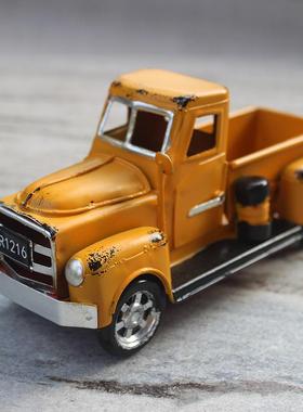 新款直销跨境创意新款复古黄色小卡车放花家居室内玄关铁艺工艺品