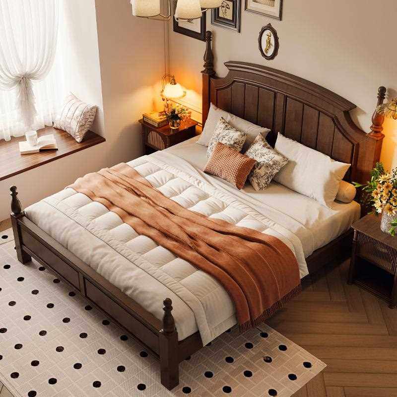 新款直销美式复古实木床简约现代小户型1米8双人1.5m胡桃色法式南