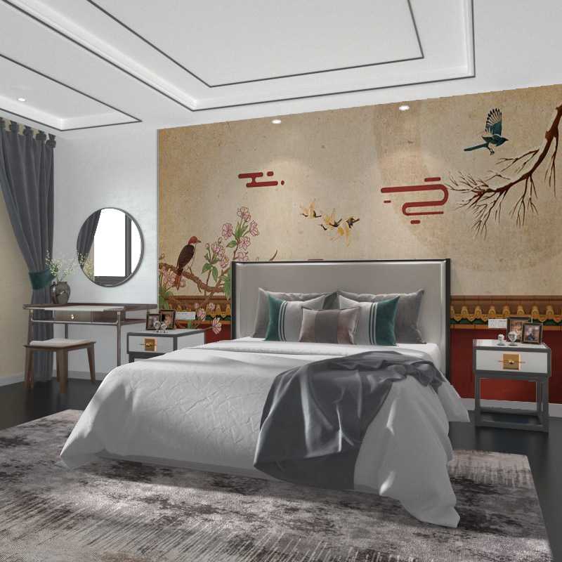 新款直销中式风格壁纸红色墙花鸟墙纸茶室卧室床头客厅电视背景墙