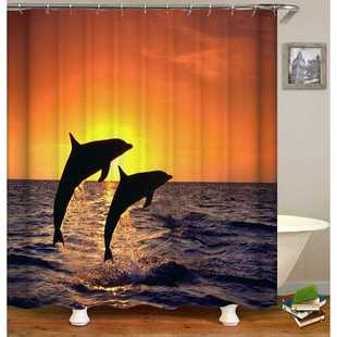 新款直销海豚系列数码印花浴帘防水防霉送c型塑料挂钩纯铜扣眼浴