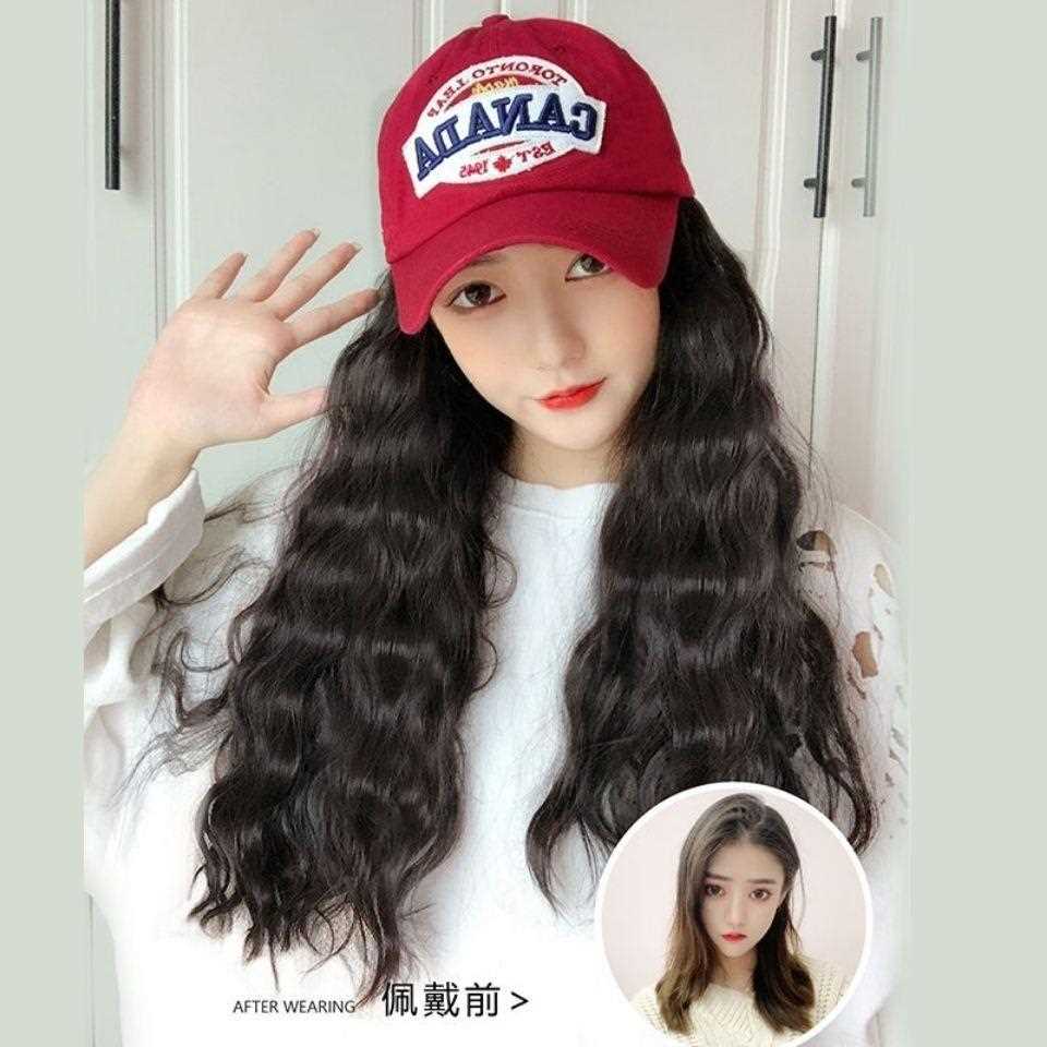 新款直销棒球帽子女韩版潮夏天假发帽子一体时尚网红长卷发百搭鸭