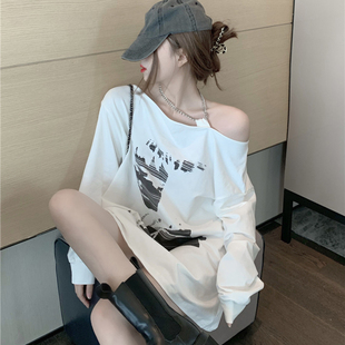 直播衣服女主播服装上镜性感挂脖露肩辣妹上衣宽松中长款长袖T恤